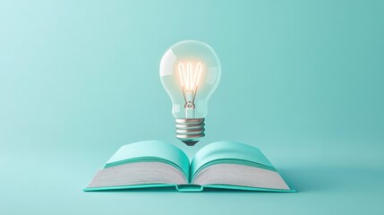 Open book with glowing light bulb above, symbolizing knowledge, creativity, and inspiration against a serene pastel background