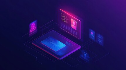 Futuristic Digital Interface Concept with User Profiles and Data Visualization in Neon Color Scheme for Technology and Cybersecurity Themes