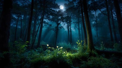 Obraz premium Enchanted Moonlight Forest Scene with Tranquil Atmosphere and Ethereal Light
