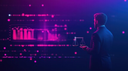 Business professional in suit analyzing data trends with scales in digital environment showcasing balance between justice and finance with futuristic visuals