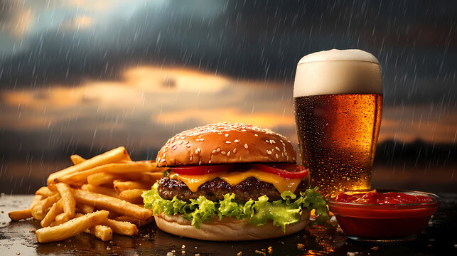 Burger and Beer in the Rain:  A juicy cheeseburger, golden fries, and a frosty glass of beer, set against a moody backdrop of a stormy sky.