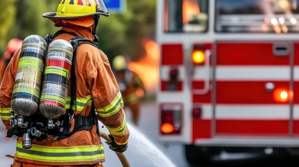 Firefighter Battling Blaze Near Firetruck