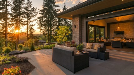 Obraz premium Modern Luxury Home with Spacious Patio at Sunset, Embracing Golden Hour Warmth and Elegance 
