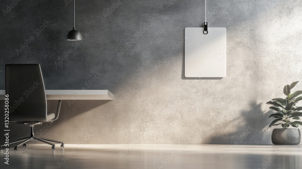 Poster Minimalist work badge hanging in soft light against a textured office wall creating a calming workspace atmosphere