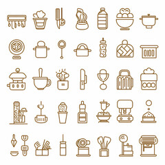 Kitchen Utensils: An illustrated array of kitchen tools and equipment, each meticulously outlined in a warm, inviting color, evoking a sense of culinary artistry and home-cooked delights.