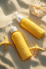 yellow sunscreen bottles and starfish on textured sand beach with seashells and summer accessories