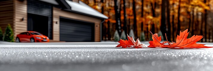 Vibrant red maple leaves on frost-covered ground in front of a modern home during autumn