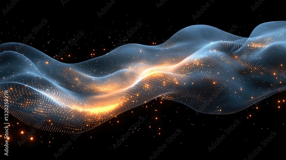 Poster glowing dots form a wave structure on a black background