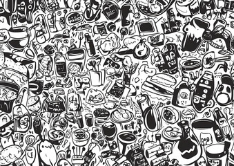 Food Doodle Art: A detailed food doodle art image with black and white artistic flair, capturing the essence of culinary variety and creative expression, perfect for culinary enthusiasts.