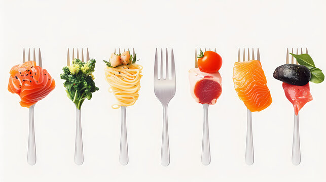 Culinary Symphony: A harmonious display of fresh and vibrant food ingredients elegantly presented on forks, inviting viewers to a world of delicious flavors and artful plating.