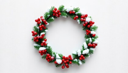 Square painting of a snowy round Christmas wreath with red berries on a textured white background,  christmas symbol, christmas element