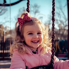 A Happy Toddler Girl Rides a Swing at the Playground,  Smiling Joyfully Outdoors on a Sunny Day.