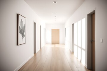 Fototapeta premium Modern Hallway, With White Painted Walls, Shows Modern Decorations, Artwork, And Light Views