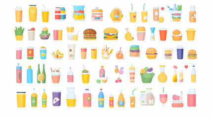 Fototapeta premium Vibrant Food and Beverage Assortment: A colorful assortment of food items and refreshing drinks in a visually pleasing and organized display.