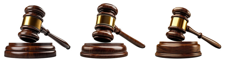 wooden gavel with gold band on sound block, three angles, isolated on white background