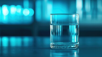 Clear Water in Glass on Table with Soft Blue Background Creating a Calm and Refreshing Atmosphere for Beverage and Wellness Themes