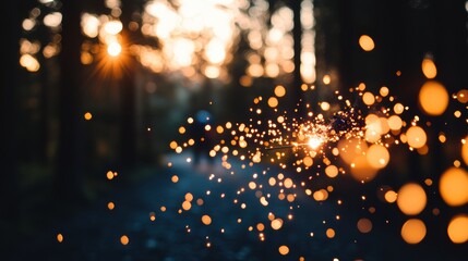 Fototapeta premium Glowing Sparks Trail in Dark Forest at Sunset