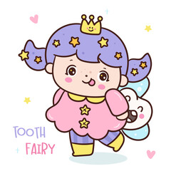 Fototapeta premium cute tooth fairy princess holding milk tooth kawaii angle