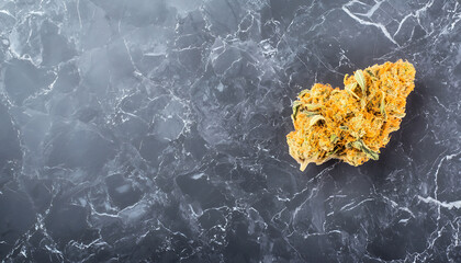 Harvested cannabis bud on dark marble surface close-up shot natural product indoor setting high-quality photography