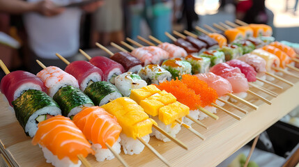 Sushi Skewers: A vibrant display of sushi skewers, showcasing an assortment of meticulously crafted sushi rolls and nigiri, perfect for a gastronomic adventure, with delightful colors
