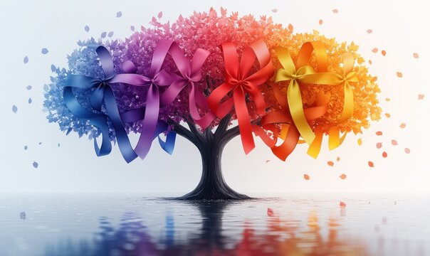 Cancer Awareness Day Celebration with Symbolic Tree and Colorful Ribbons