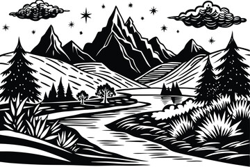 Black and white silhouette of a mountain range with pine trees
