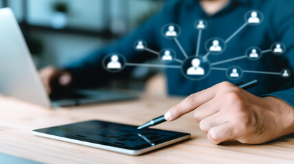 Networking in Action: a professional navigates a digital interface, a glowing network diagram symbolizes human connection, innovation, and the power of interconnectedness.