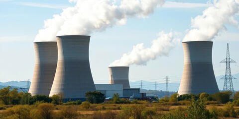 Tall cooling towers of a nuclear power plant emitting steam against a clear sky, nuclear,  environmental technology