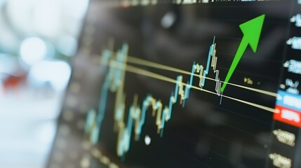 Obraz premium Uptrend: Financial charts displaying an upward trend with a green arrow, signifying growth and prosperity in the financial market.