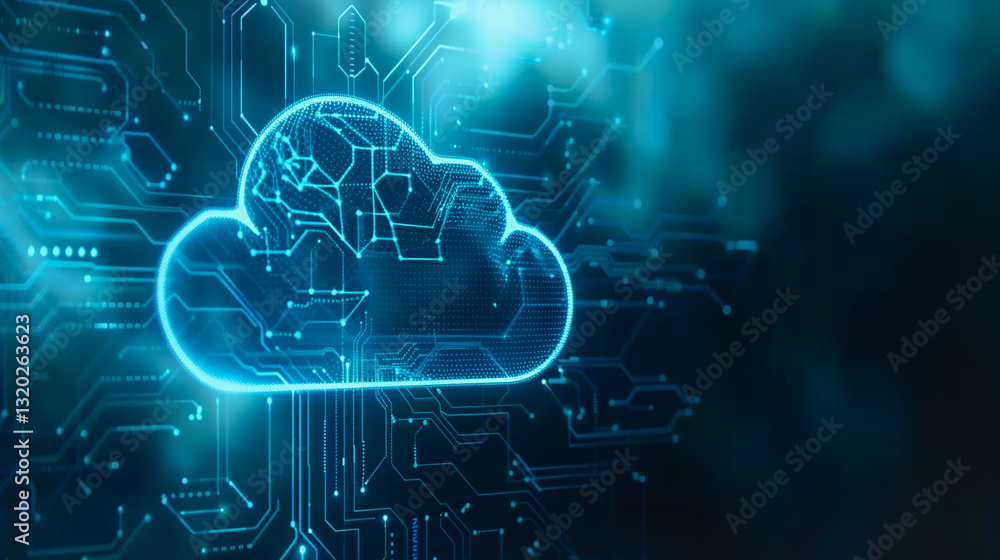 Poster cloud computing: a digital cloud icon glows brightly against a high-tech circuit board background, s