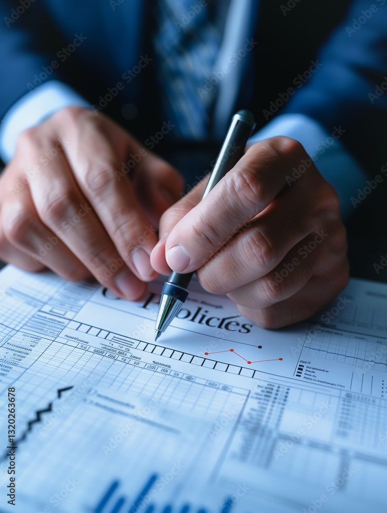Poster analyzing policies: a close-up shot of a professional meticulously reviewing a business document, fo