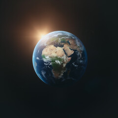 Planet Earth: The majestic planet Earth, captured in a photorealistic depiction from space, bathed in the golden light of the rising sun, symbolizing global unity and the beauty of our world.