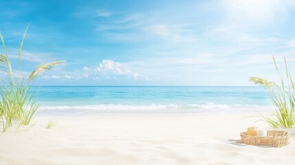 Serene beach scene with clear blue water and gentle waves under a bright sky.