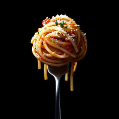 Spaghetti Perfection: A close-up shot of a fork holding a perfectly twirled portion of spaghetti, coated in a rich, vibrant tomato sauce, and sprinkled with fresh herbs.