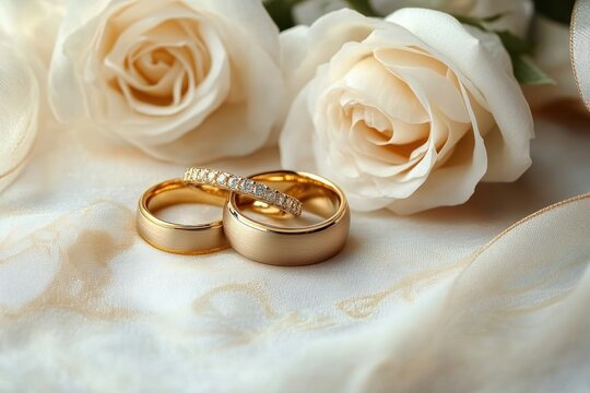 golden wedding rings soft pastel fabric white roses satin ribbons romantic still life love invitation
