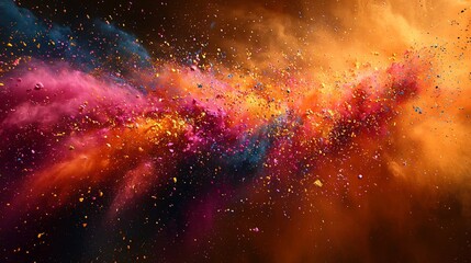 Abstract representation of Holi with colorful powders and dyes exploding in slow motion creating a vibrant and festive atmosphere