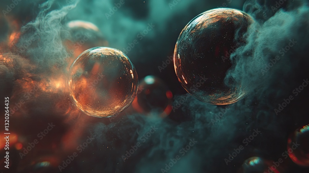 Poster abstract spheres floating within a mysterious atmosphere of fog