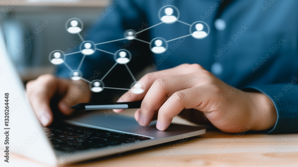 Poster network connection: close-up shot of a person using a laptop, intertwined with a digital network of 