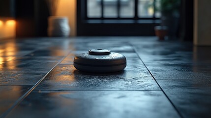 Grey disc on dark, glossy floor in dim room