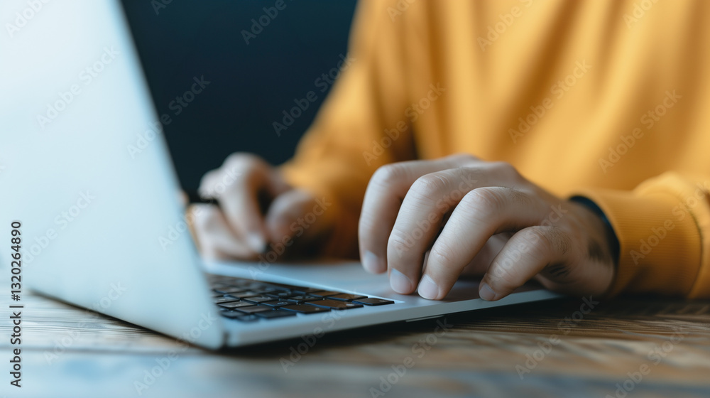 Poster typing on laptop: captivating image focuses on a person's hands skillfully navigating the touchpad o