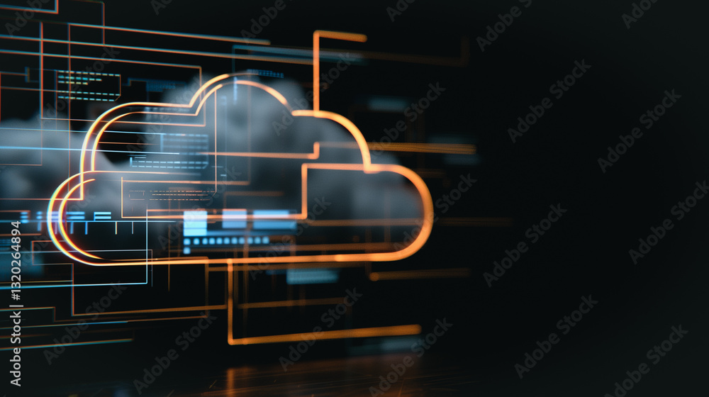 Poster digital cloud: a glowing digital cloud hovers in a futuristic representation of a cloud computing ne