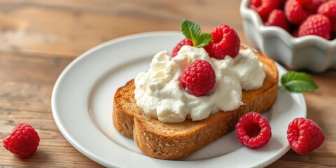 Two slices whole wheat toast topped with creamy cottage cheese and fresh raspberries,  still life, quick breakfast