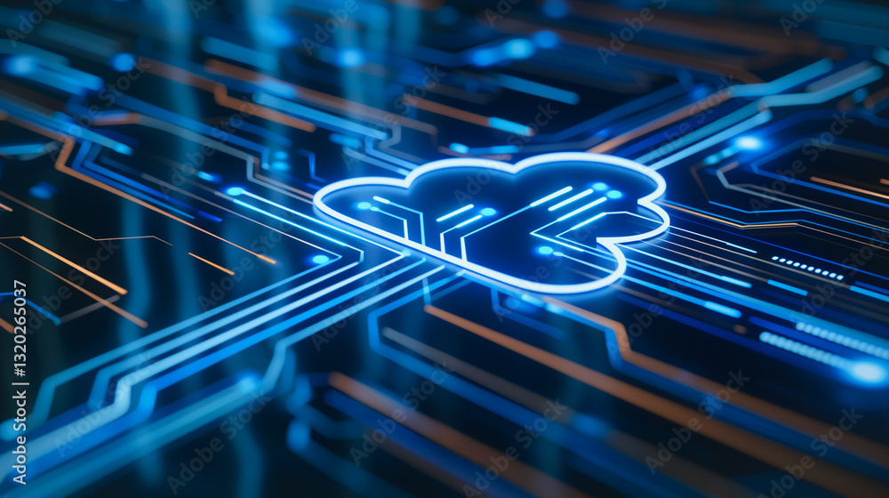 Poster digital cloud computing: a luminous cloud icon interconnected with circuit board lines represents di
