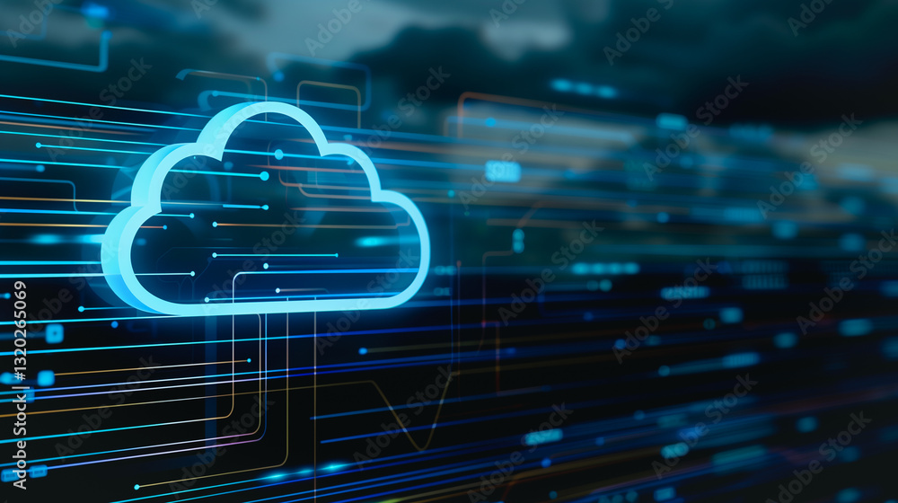 Poster cloud computing and network: a luminous cloud icon is the centerpiece, connected by a complex networ
