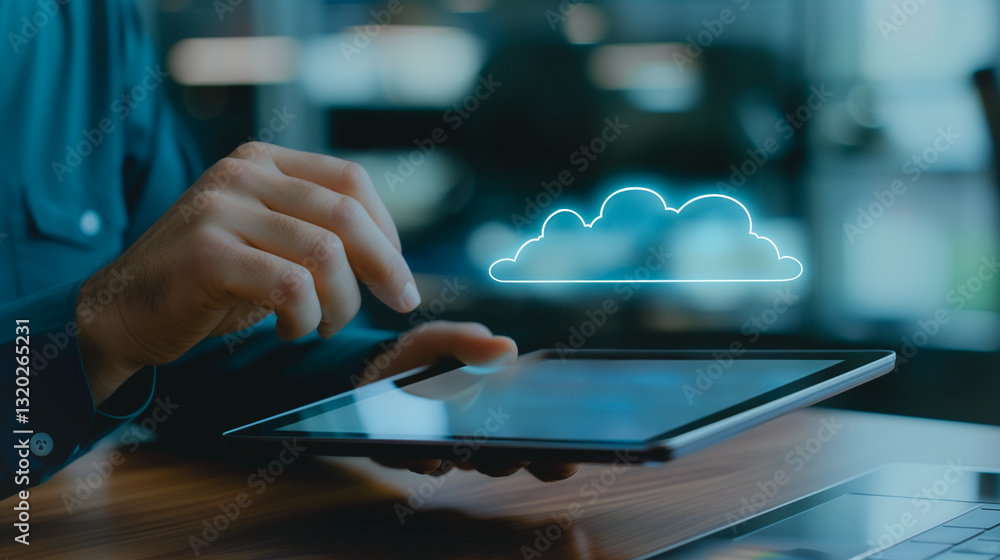 Poster digital cloud access: a close-up shot of a person's hands interacting with a tablet displaying a dig