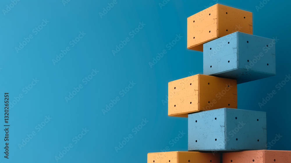 Poster building blocks cascade: an abstract composition of colorful, stacked blocks against a vibrant backd