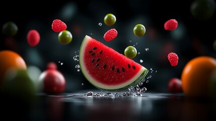 Vibrant watermelon slice surrounded by flying fruits and splashes of water in a dark setting