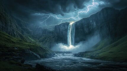 Obraz premium Dramatic waterfall under a stormy sky