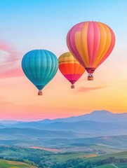 Fototapeta premium Colorful hot air balloons soaring above a picturesque landscape during sunset.