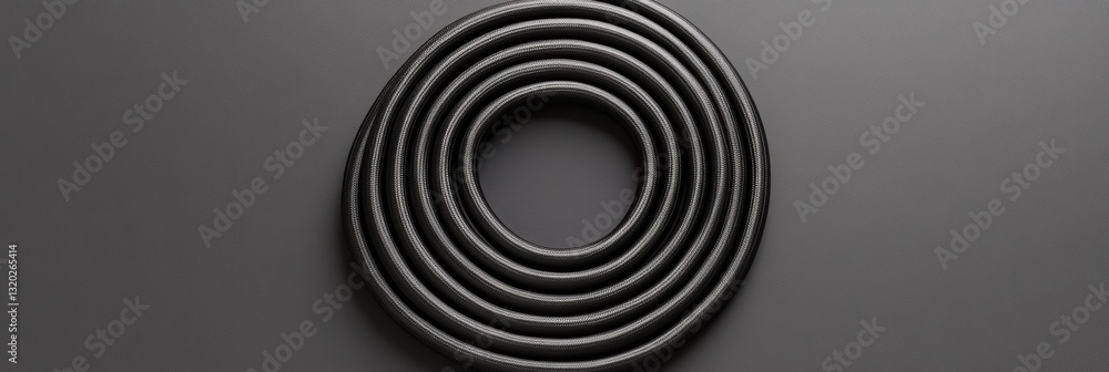 Poster Neatly coiled black jump rope on smooth grey background showcasing minimalist design with ample negative space for a calm aesthetic